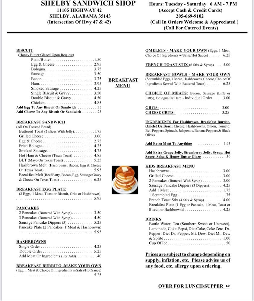 Shelby Sandwich Shop Menu image 1